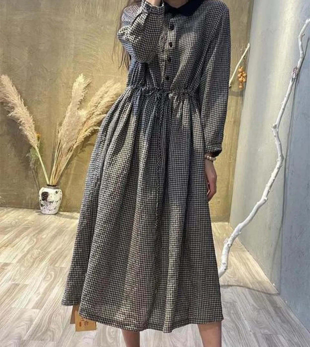 2022 Primavera Autunno Stile artistico Donna Manica lunga Abito lungo allentato Colletto rovesciato Abiti casual in lino di coto