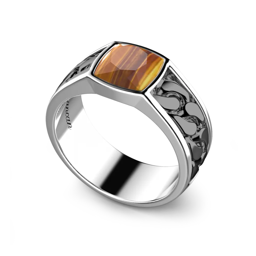 Anello in argento bianco e nero con occhio di tigre.