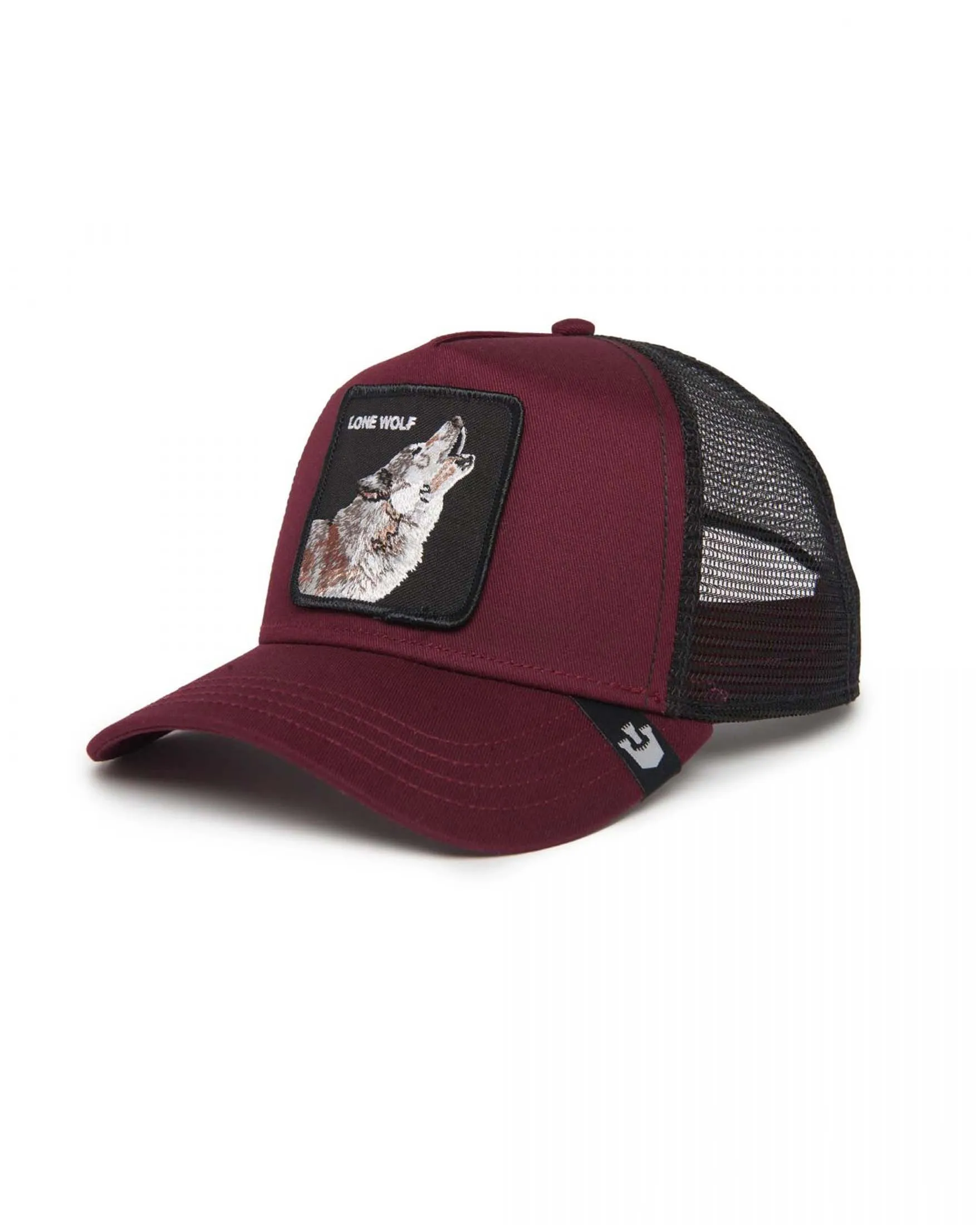 Berretto The Lone Wolf trucker bordeaux con patch lupo e parte in mesh nera