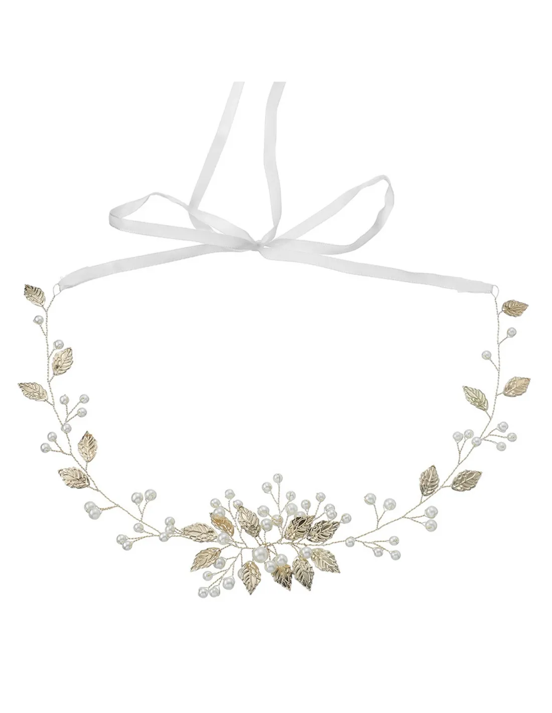 Cintura gioiello con fiori dorati e perle bianco seta