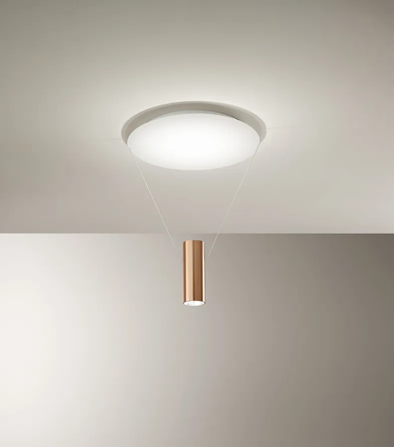 Plafoniera con Fili e Cilindro Oro Pendente Doppia Emissione Led Hang Perenz 6798 OR LC