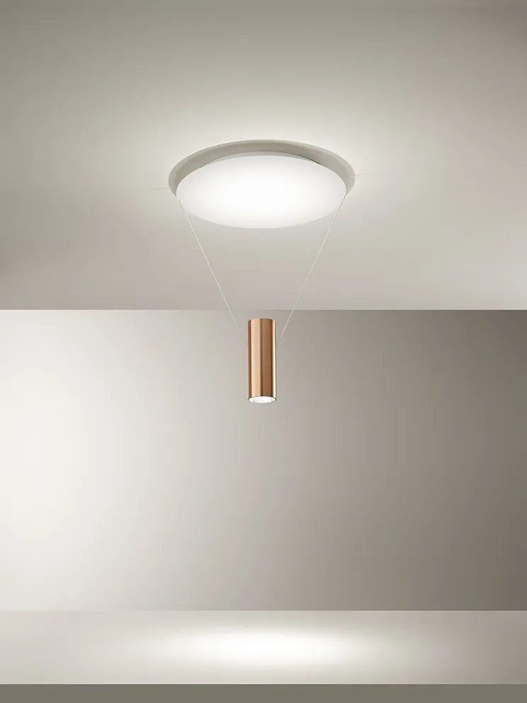 Plafoniera con Fili e Cilindro Oro Pendente Doppia Emissione Led Hang Perenz 6798 OR LC