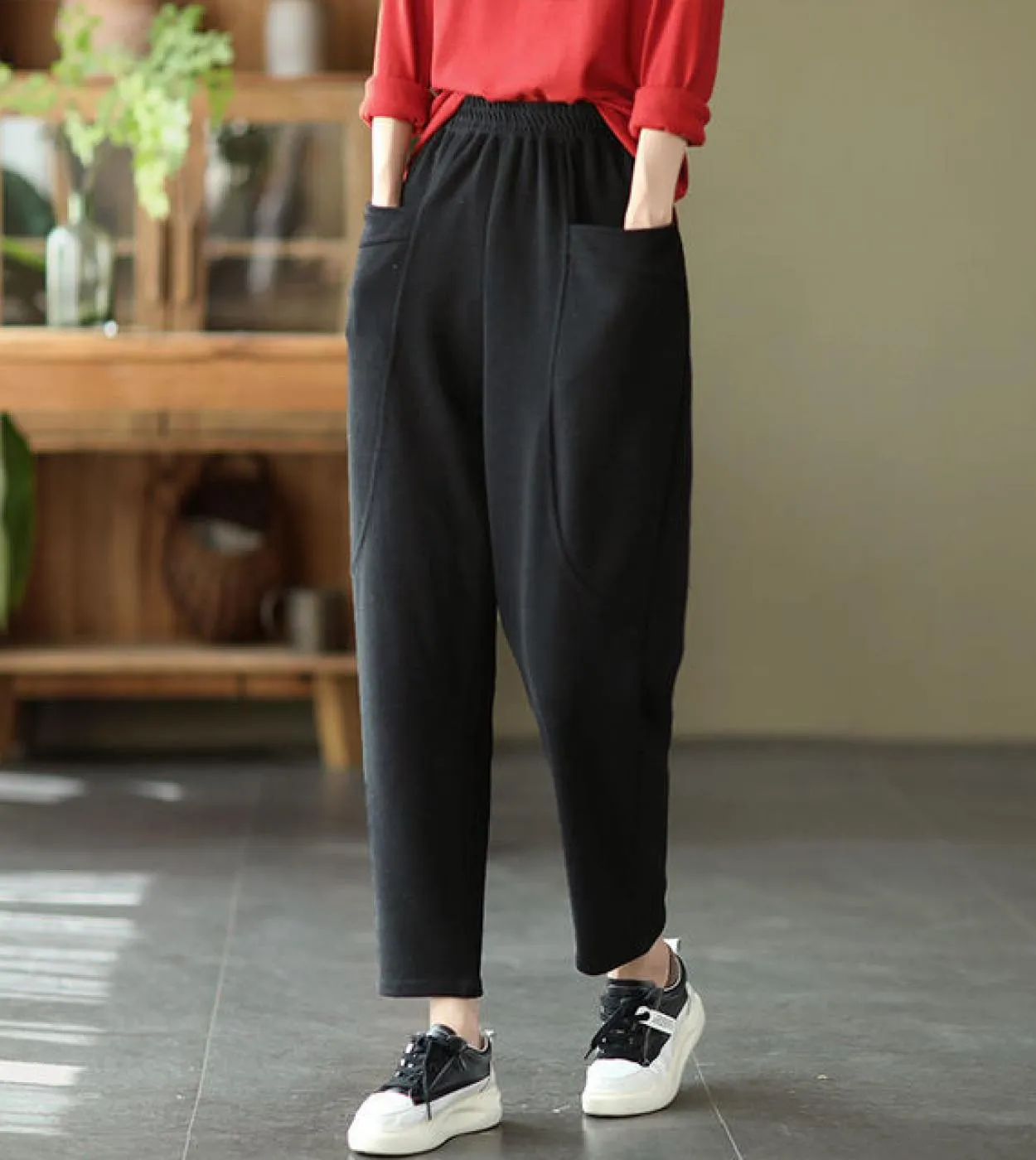 Primavera Autunno New Arts Style Donna Elastico in vita Pantaloni in cotone per maglieria Tutti abbinati Pantaloni Harem solidi