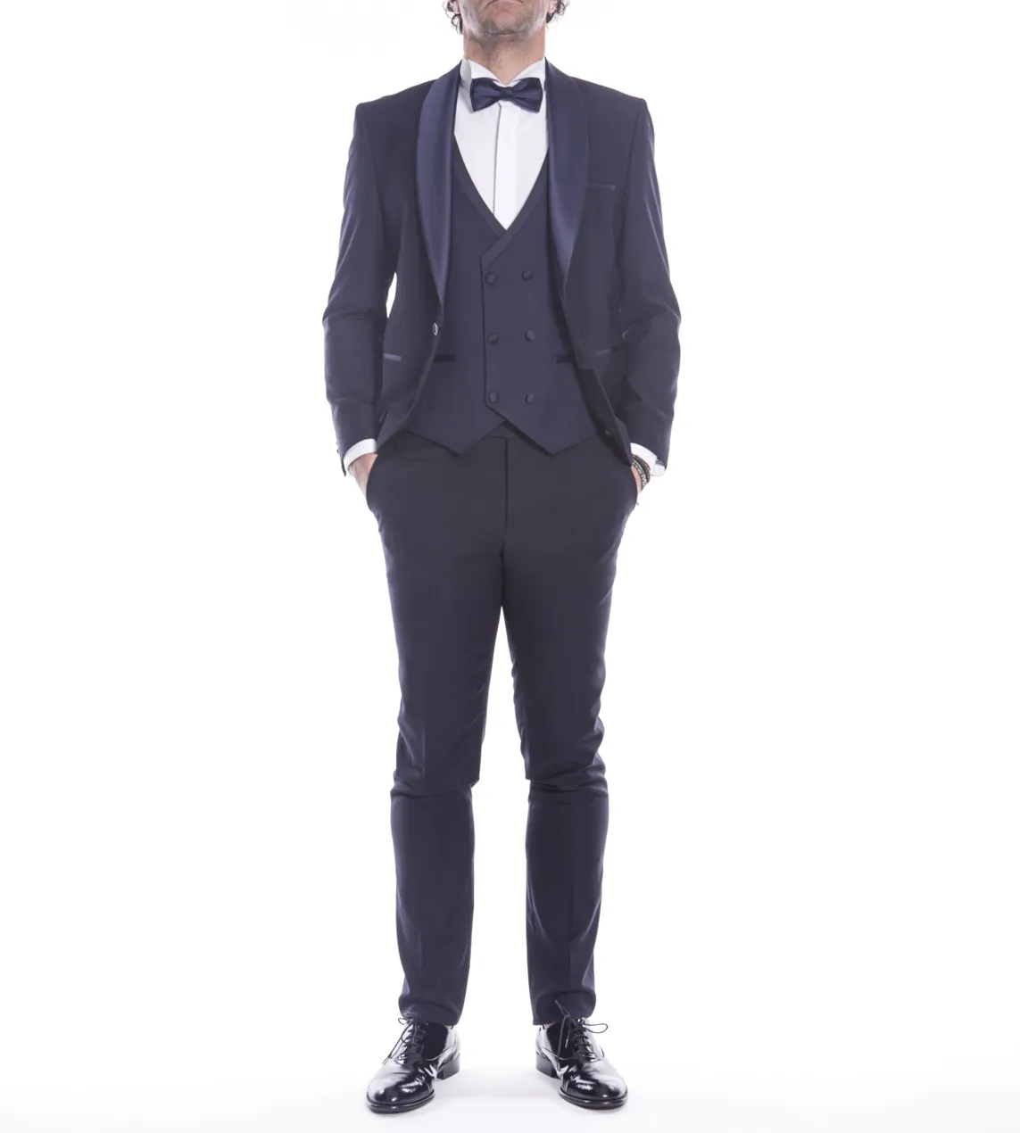 Smocking classico blu navy con rever sciallato in raso e bottoni fasciati | Valenti